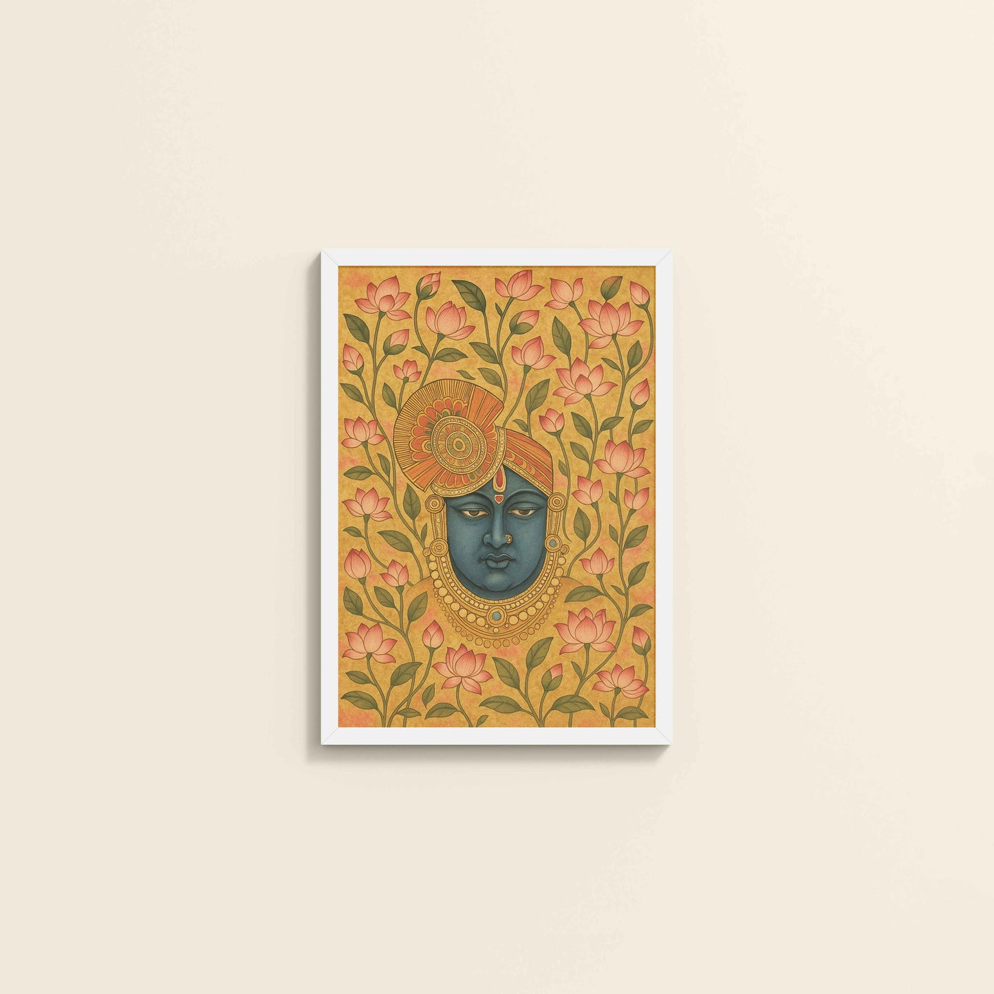 Wall View of Grace in Bloom – Shrinathji with Lotus Pichwai Art in White Color Frame
