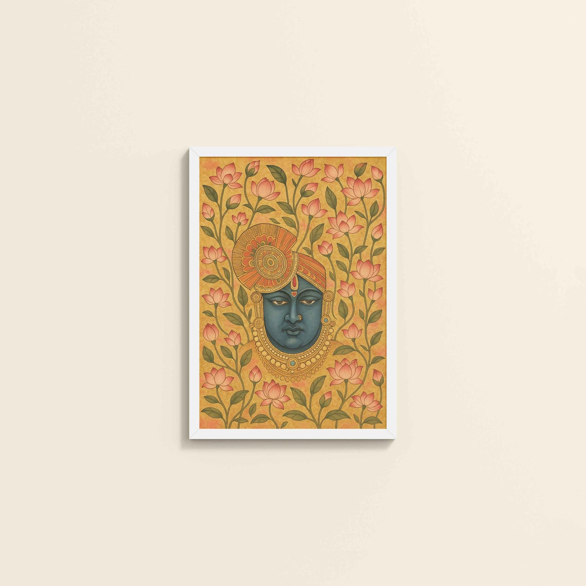 Wall View of Grace in Bloom – Shrinathji with Lotus Pichwai Art in White Color Frame