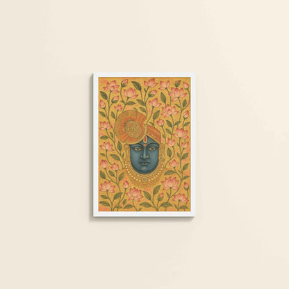Wall View of Grace in Bloom – Shrinathji with Lotus Pichwai Art in White Color Frame
