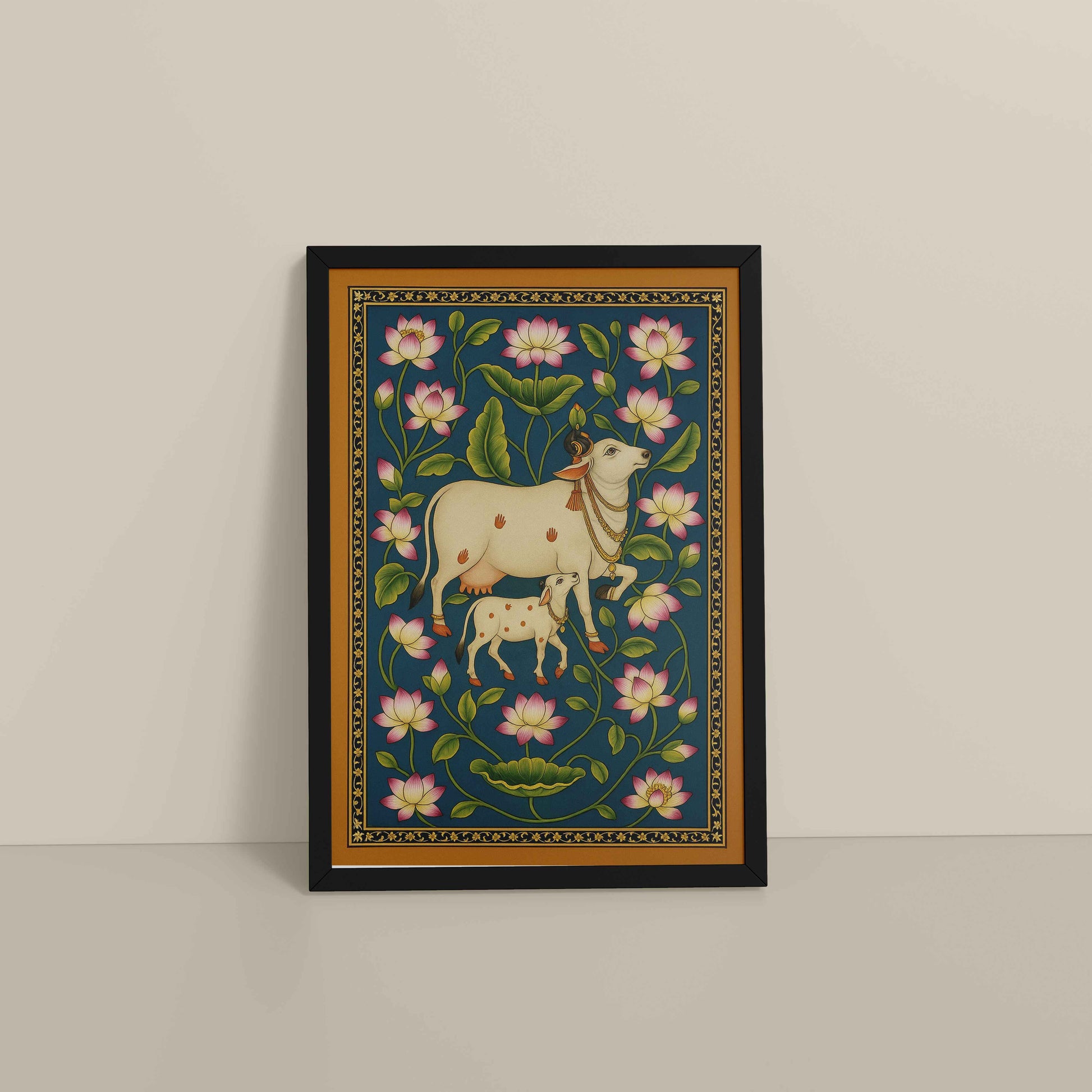 Floor View of Gokul Grace – Cow and Lotus Pichwai Art in Black Color Frame