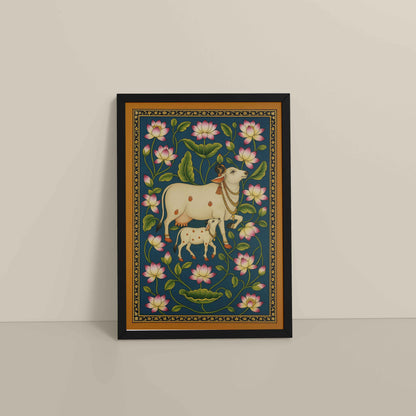 Floor View of Gokul Grace – Cow and Lotus Pichwai Art in Black Color Frame