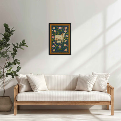 Living Room Cabinet Table Preview of Gokul Grace – Cow and Lotus Pichwai Art in Black Color Frame