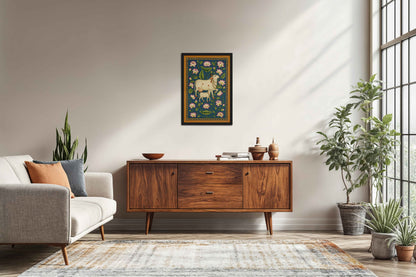 Living Room Sofa Preview of Gokul Grace – Cow and Lotus Pichwai Art in Black Color Frame
