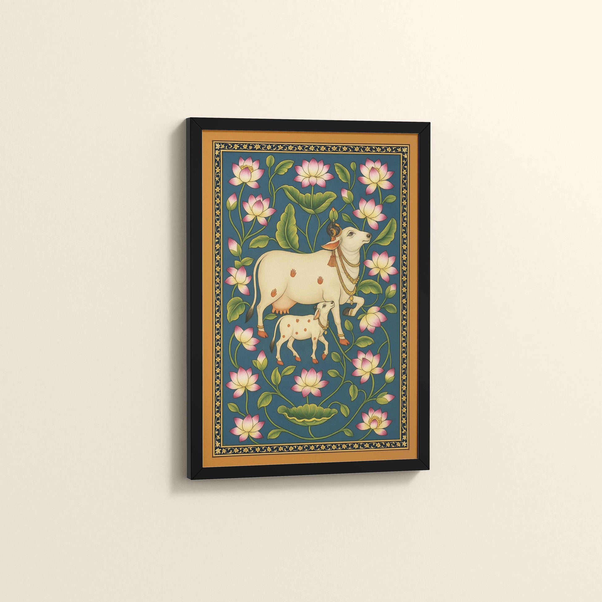 Side View of Gokul Grace – Cow and Lotus Pichwai Art in Black Color Frame