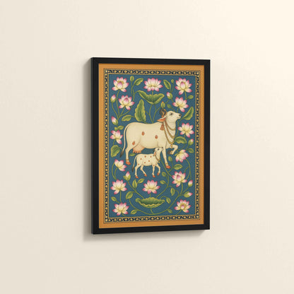 Side View of Gokul Grace – Cow and Lotus Pichwai Art in Black Color Frame