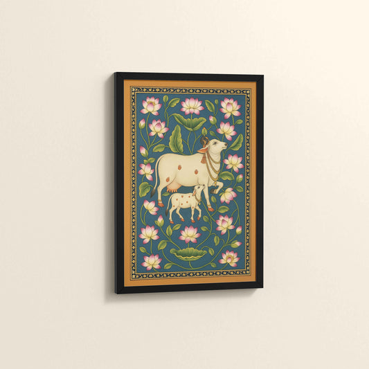 Side View of Gokul Grace – Cow and Lotus Pichwai Art in Black Color Frame