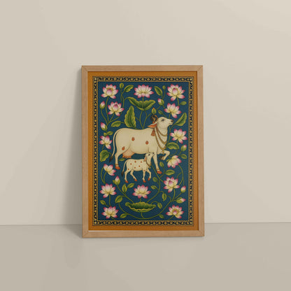 Floor View of Gokul Grace – Cow and Lotus Pichwai Art in Natrual Color Frame