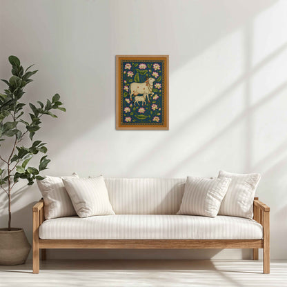 Living Room Cabinet Table Preview of Gokul Grace – Cow and Lotus Pichwai Art in Natrual Color Frame