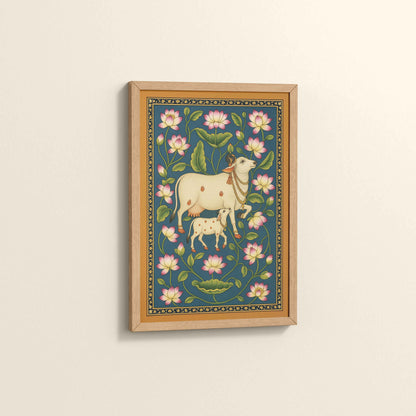 Side View of Gokul Grace – Cow and Lotus Pichwai Art in Natrual Color Frame