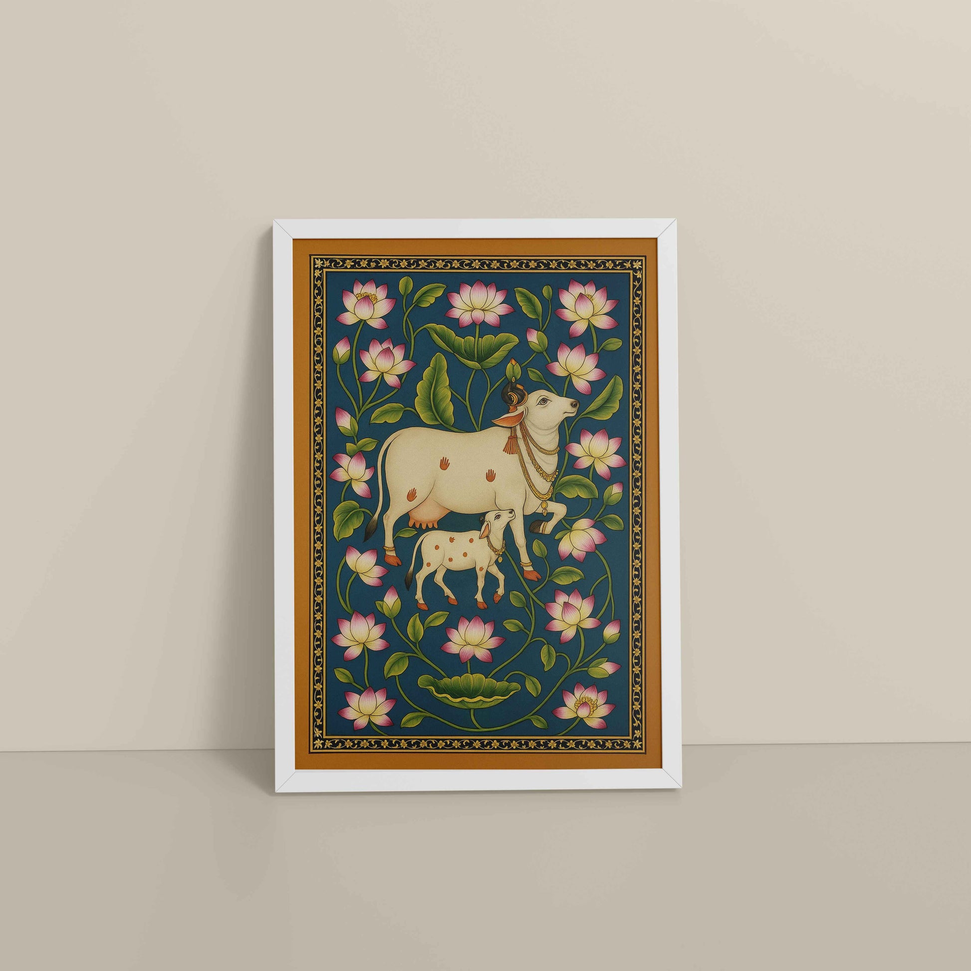 Floor View of Gokul Grace – Cow and Lotus Pichwai Art in White Color Frame