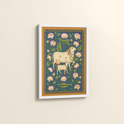 Side View of Gokul Grace – Cow and Lotus Pichwai Art in White Color Frame