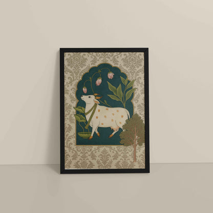 Floor View of Timeless Devotion – Holy Cow in Indian Pichhwai Art in Black Color Frame