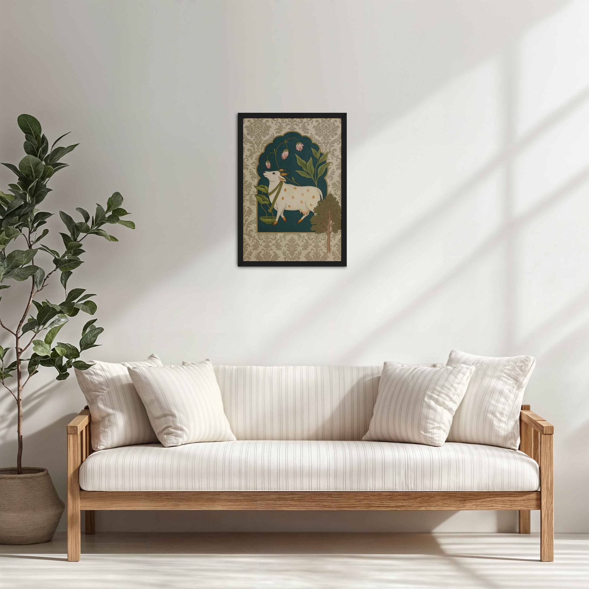 Living Room Cabinet Table Preview of Timeless Devotion – Holy Cow in Indian Pichhwai Art in Black Color Frame