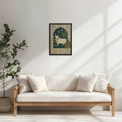 Living Room Cabinet Table Preview of Timeless Devotion – Holy Cow in Indian Pichhwai Art in Black Color Frame