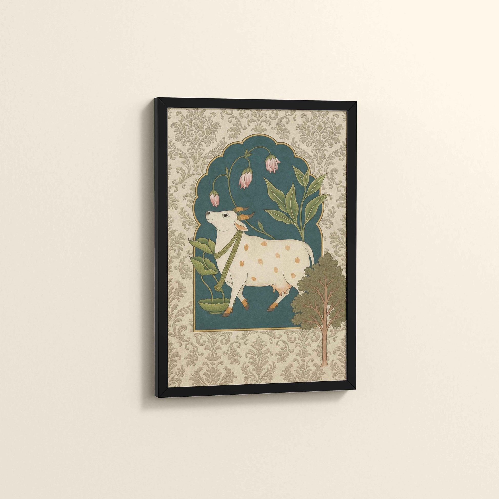 Side View of Timeless Devotion – Holy Cow in Indian Pichhwai Art in Black Color Frame