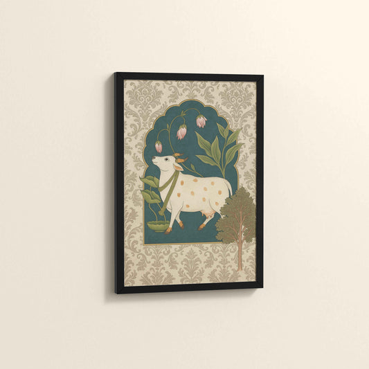 Side View of Timeless Devotion – Holy Cow in Indian Pichhwai Art in Black Color Frame