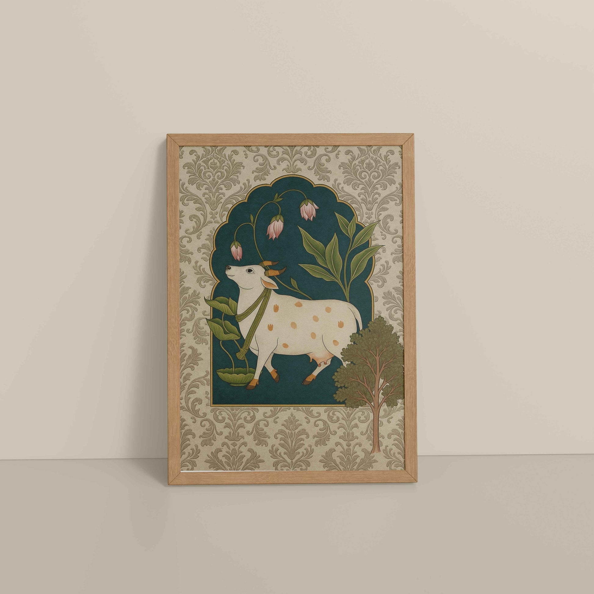 Floor View of Timeless Devotion – Holy Cow in Indian Pichhwai Art in Natrual Color Frame