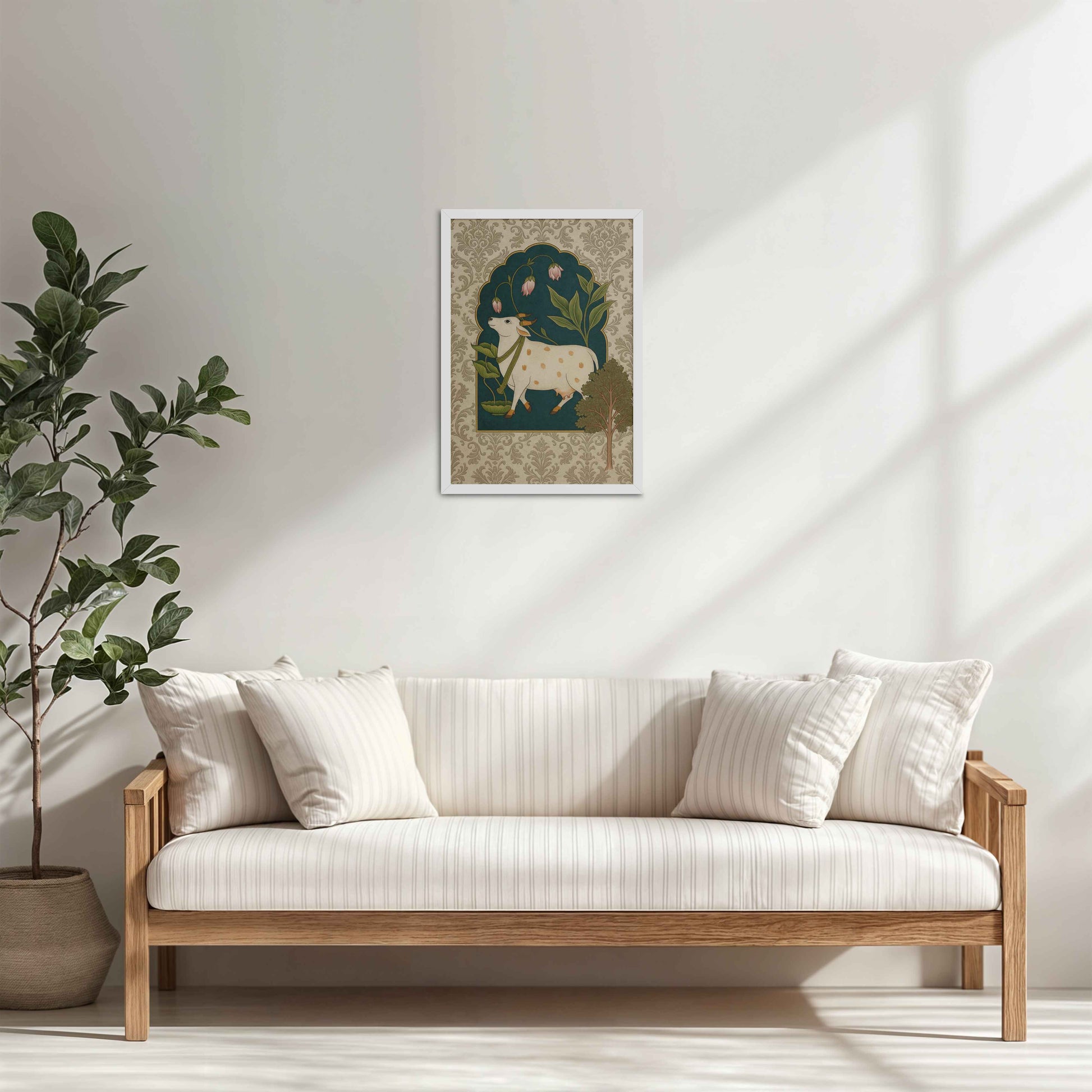Living Room Cabinet Table Preview of Timeless Devotion – Holy Cow in Indian Pichhwai Art in White Color Frame