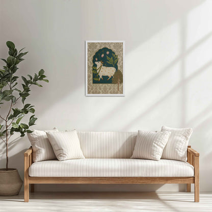 Living Room Cabinet Table Preview of Timeless Devotion – Holy Cow in Indian Pichhwai Art in White Color Frame