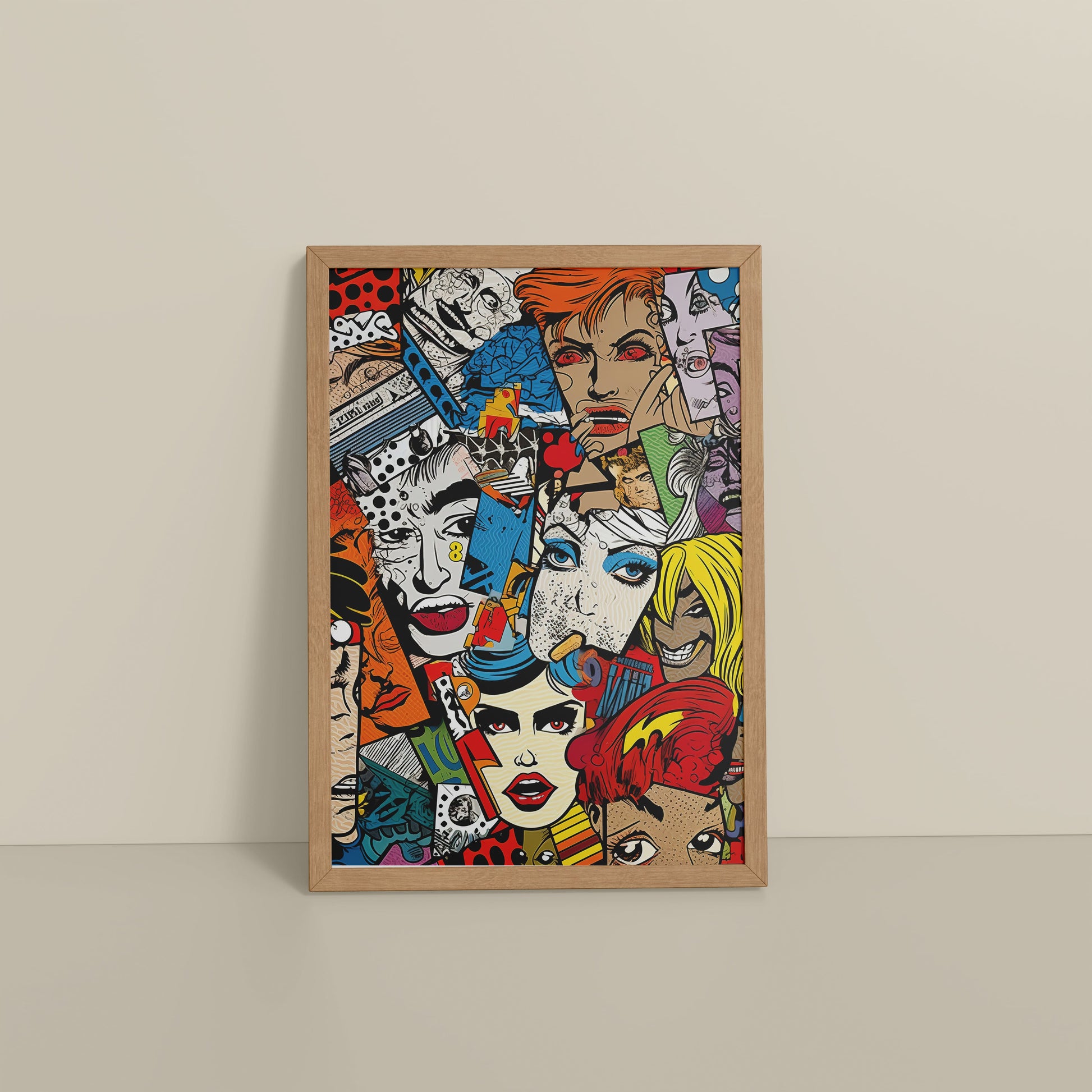 Floor View of Pop Icons – Comic Fashion Collage Wall Art in Natrual Color Frame