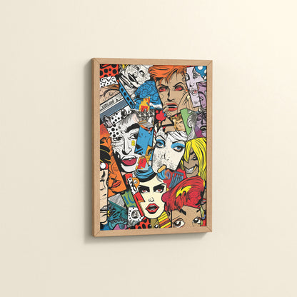 Side View of Pop Icons – Comic Fashion Collage Wall Art in Natrual Color Frame
