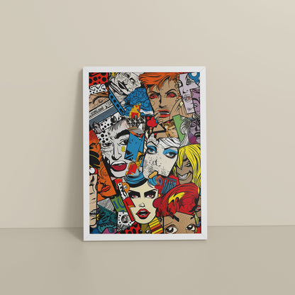 Floor View of Pop Icons – Comic Fashion Collage Wall Art in White Color Frame