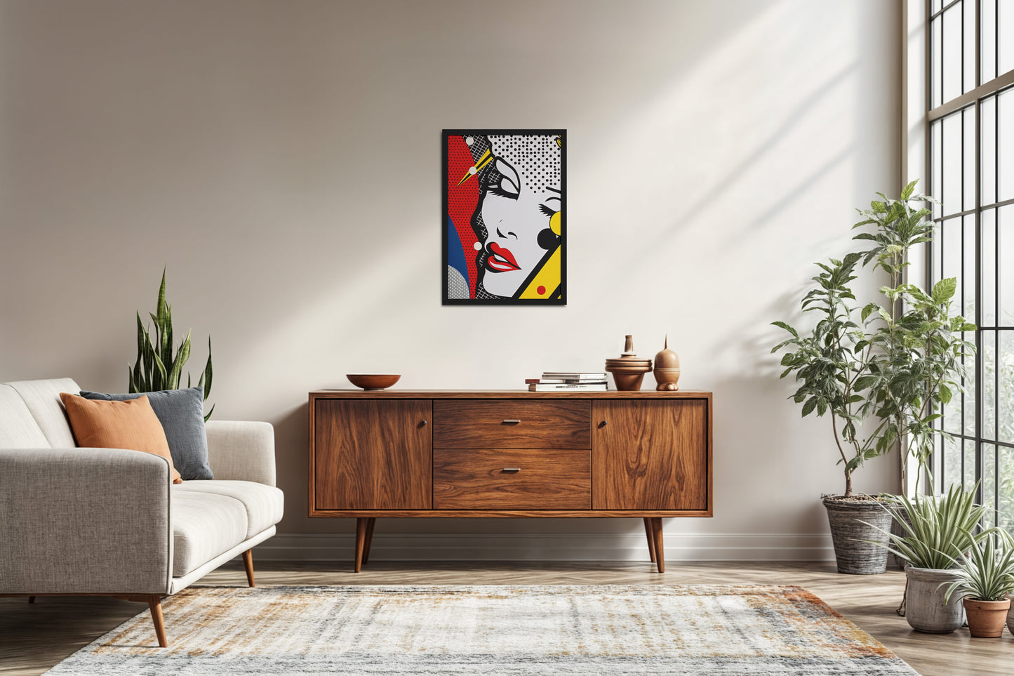Living Room Sofa Preview of Bold Beauty – Pop Art Woman Portrait Wall Decor in Black Color Frame
