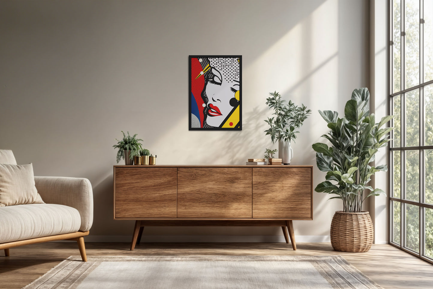 Living Room Cabinet Preview of Bold Beauty – Pop Art Woman Portrait Wall Decor in Black Color Frame