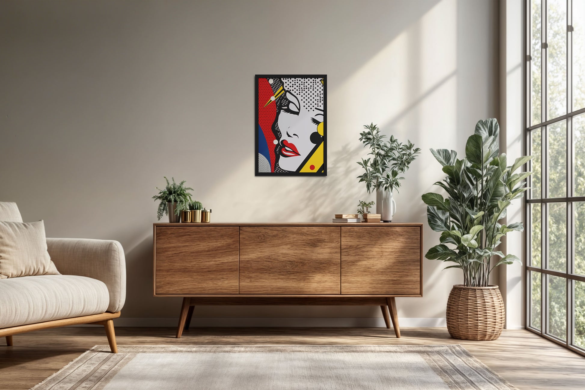 Living Room Cabinet Preview of Bold Beauty – Pop Art Woman Portrait Wall Decor in Black Color Frame