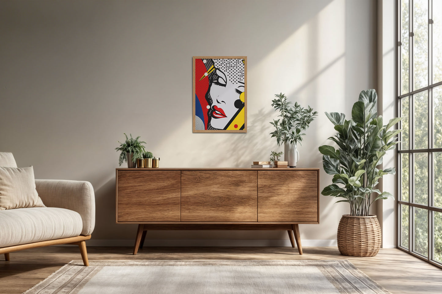 Living Room Cabinet Preview of Bold Beauty – Pop Art Woman Portrait Wall Decor in Natrual Color Frame
