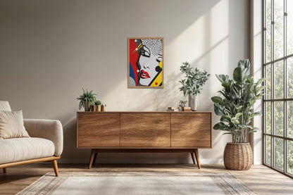 Living Room Cabinet Preview of Bold Beauty – Pop Art Woman Portrait Wall Decor in Natrual Color Frame