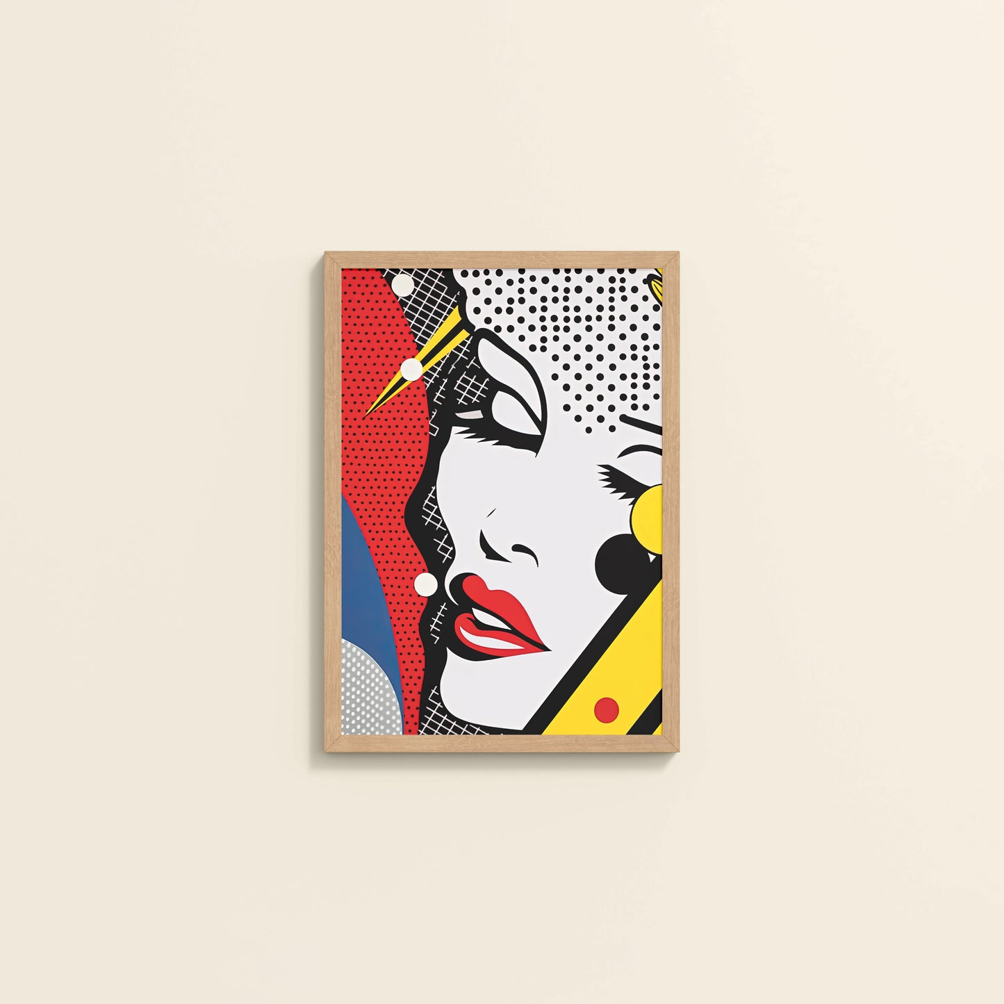Wall View of Bold Beauty – Pop Art Woman Portrait Wall Decor in Natrual Color Frame