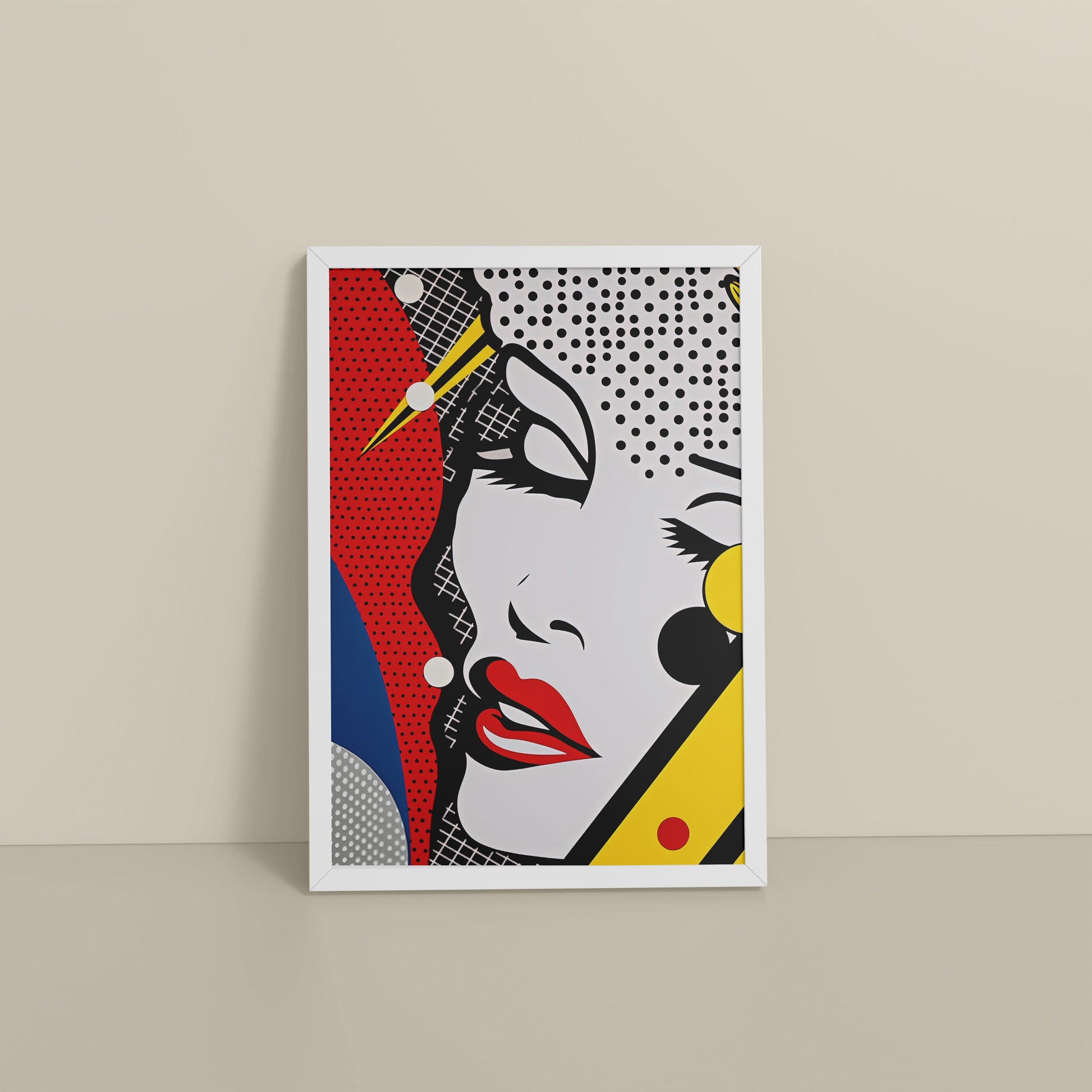Floor View of Bold Beauty – Pop Art Woman Portrait Wall Decor in White Color Frame