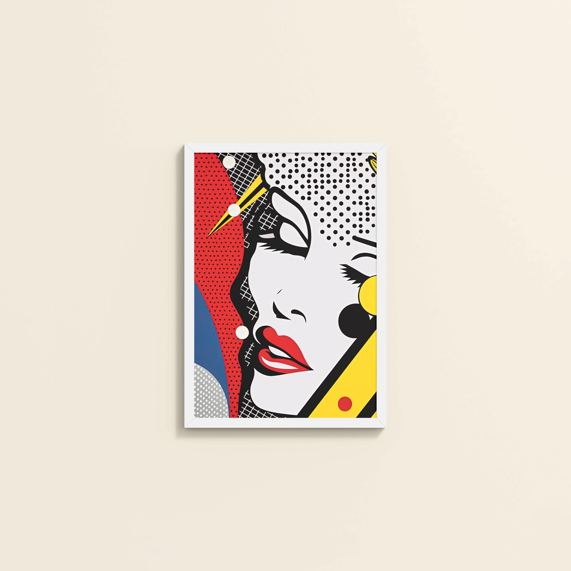 Wall View of Bold Beauty – Pop Art Woman Portrait Wall Decor in White Color Frame