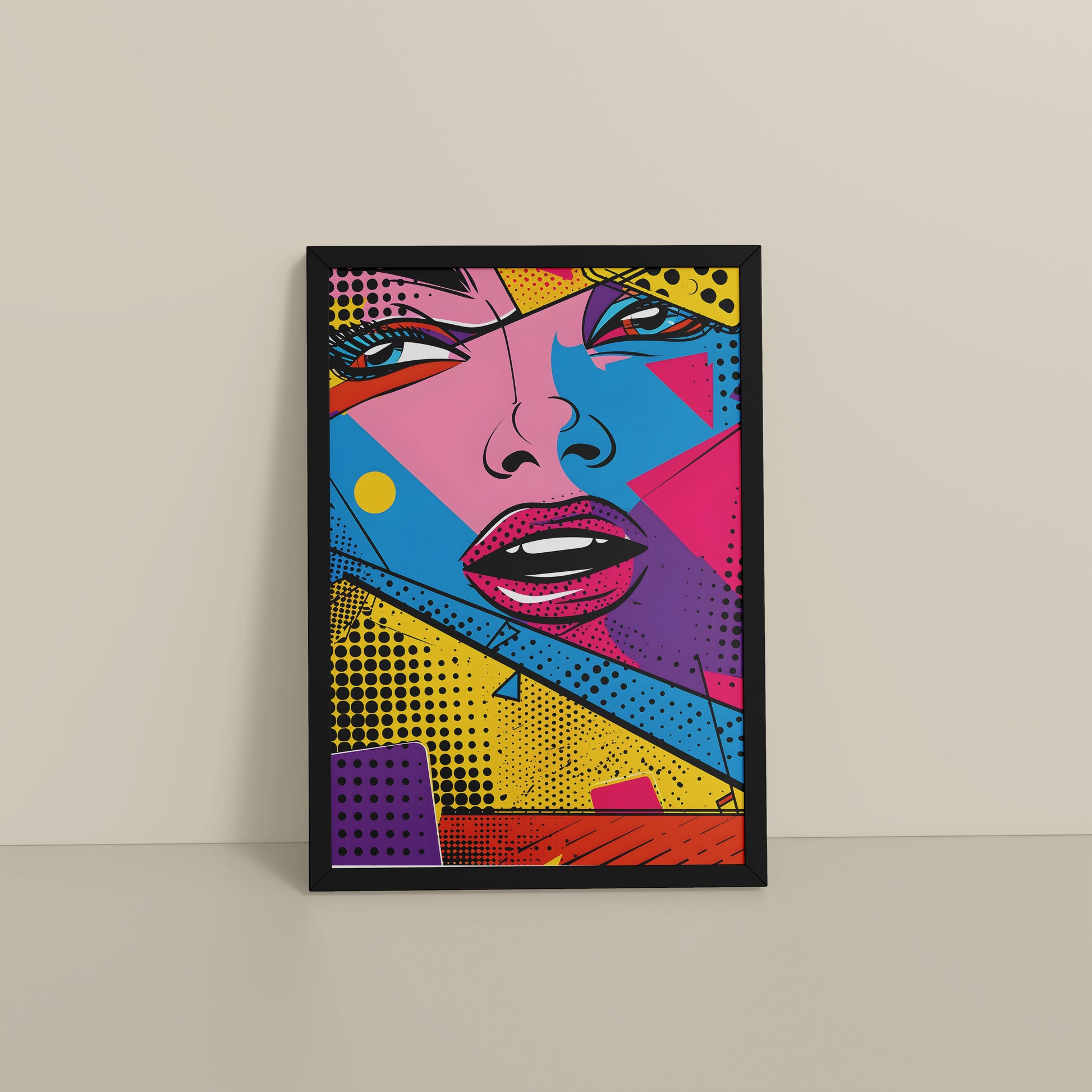 Floor View of Color Queen – Modern Woman Pop Art Framed in Black Color Frame