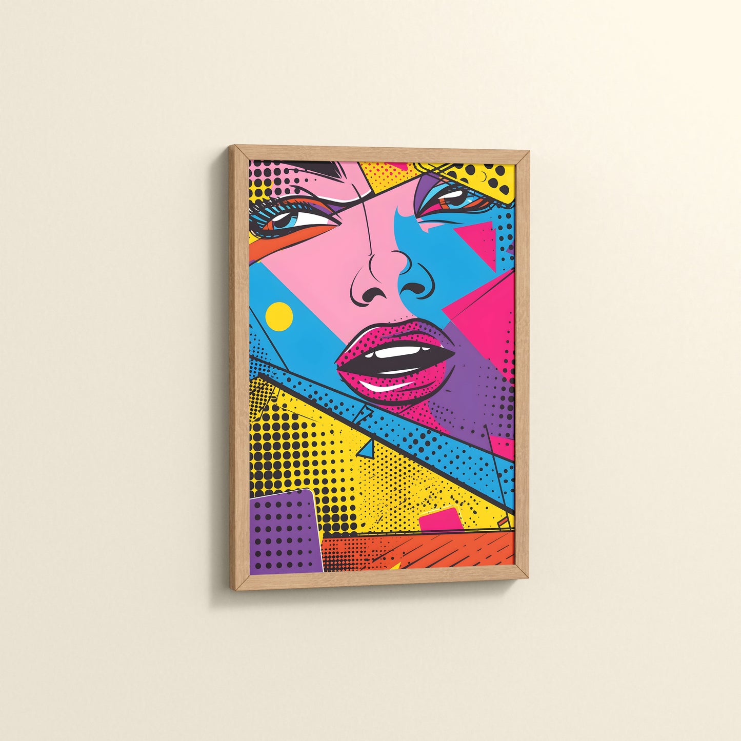 Side View of Color Queen – Modern Woman Pop Art Framed in Natrual Color Frame