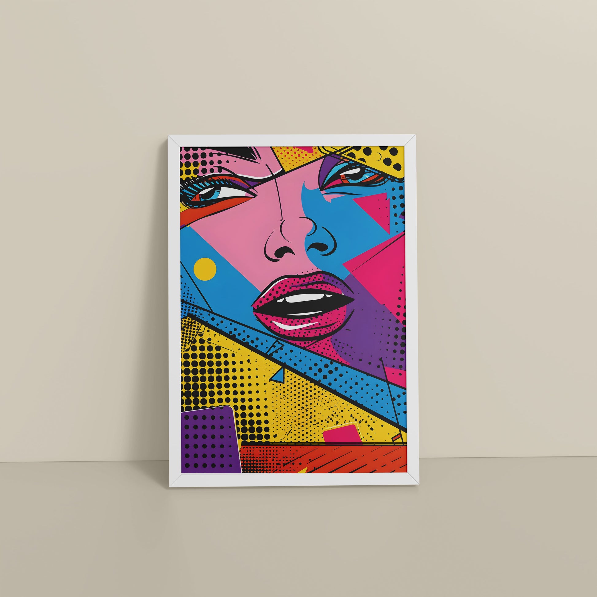 Floor View of Color Queen – Modern Woman Pop Art Framed in White Color Frame