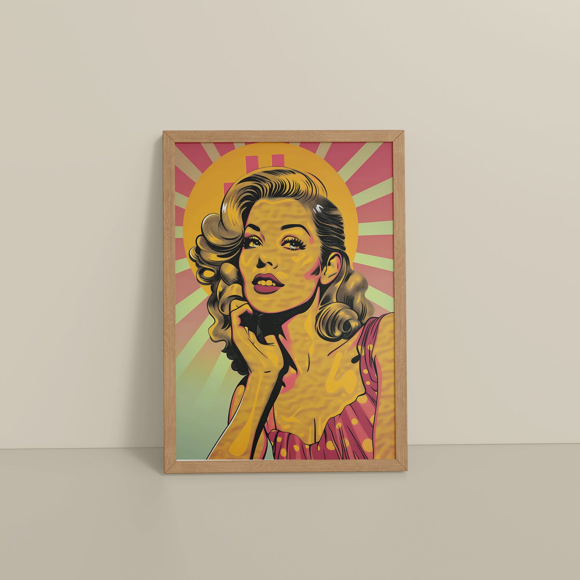 Floor View of Bold Expressions – Retro Pop Art Woman Wall Frame in Natrual Color Frame