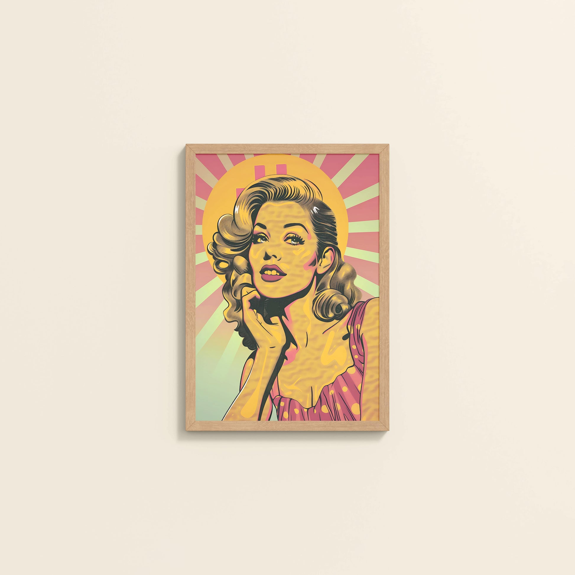 Wall View of Bold Expressions – Retro Pop Art Woman Wall Frame in Natrual Color Frame