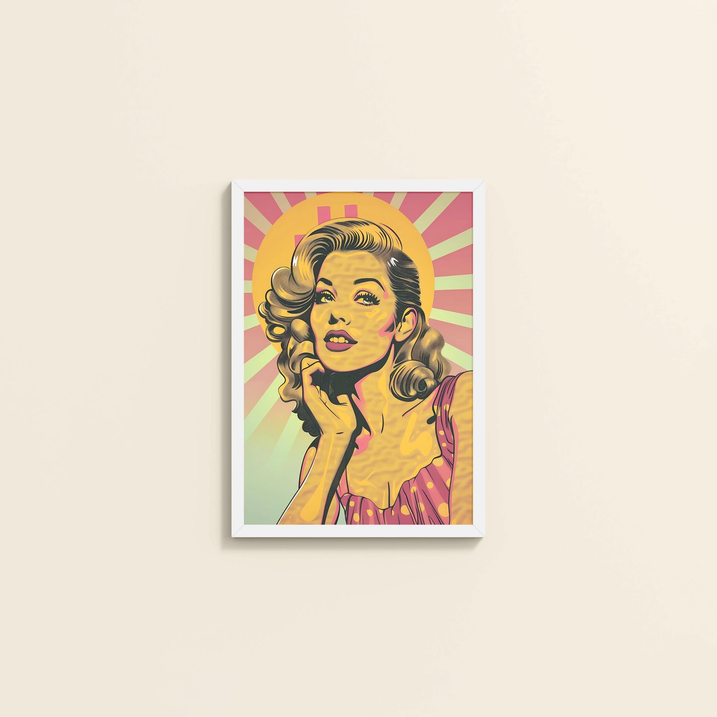 Wall View of Bold Expressions – Retro Pop Art Woman Wall Frame in White Color Frame