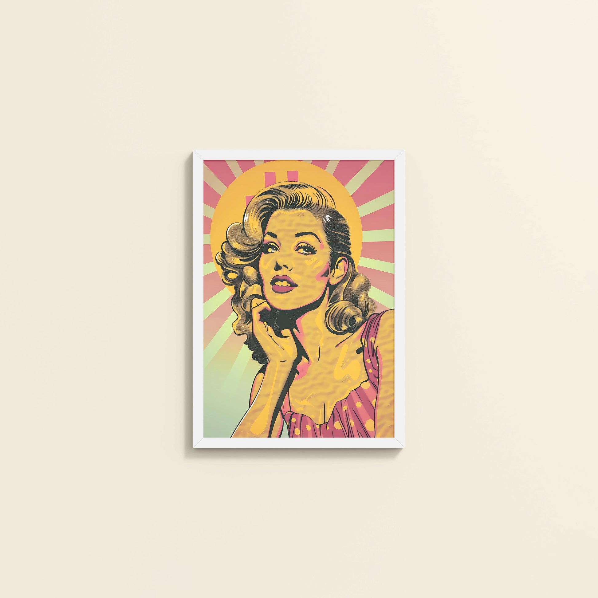 Wall View of Bold Expressions – Retro Pop Art Woman Wall Frame in White Color Frame