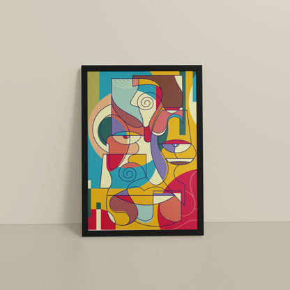 Floor View of Prism Persona Colorful Cubist Face Pop Art Painting in Black Color Frame