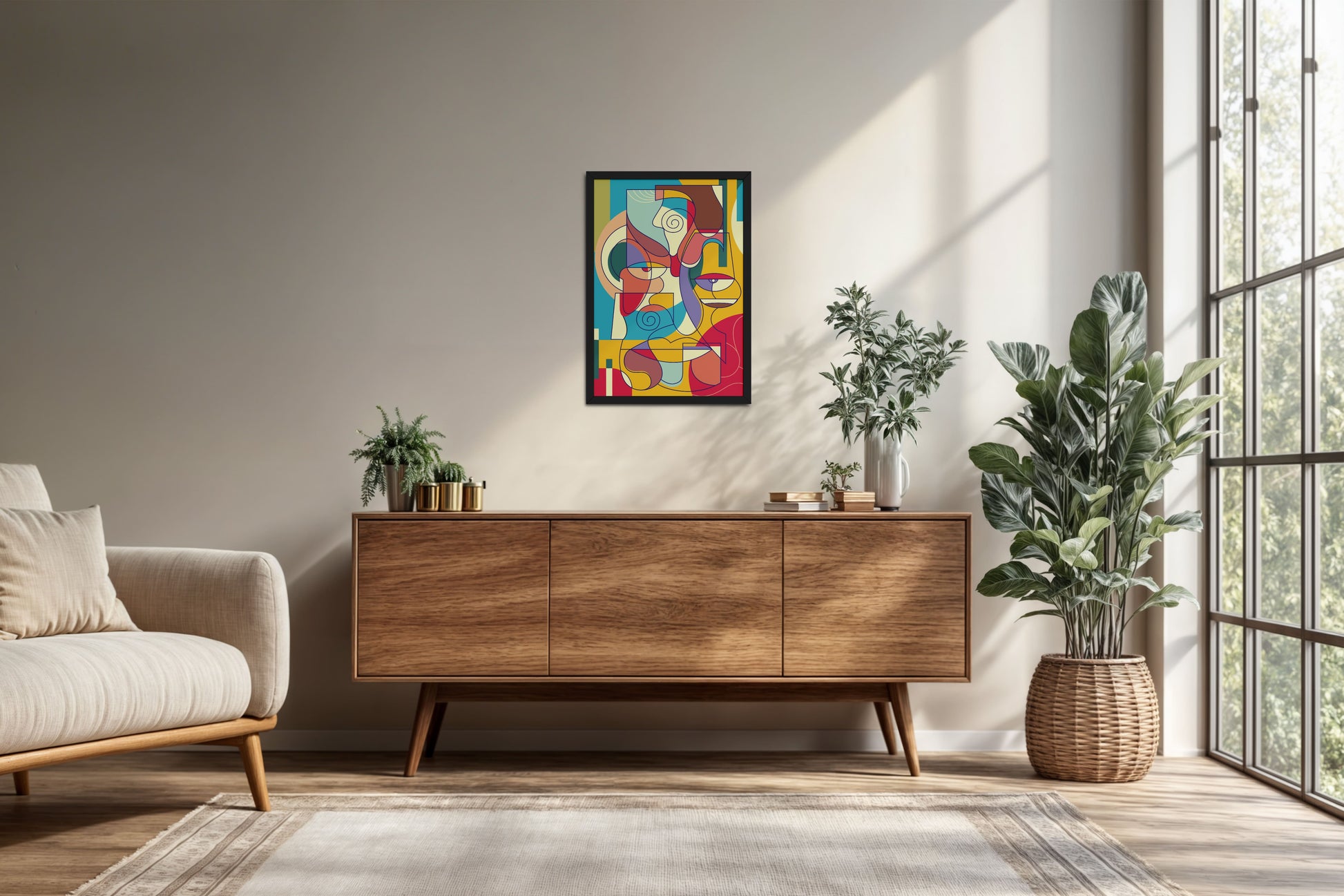 Living Room Cabinet Preview of Prism Persona Colorful Cubist Face Pop Art Painting in Black Color Frame