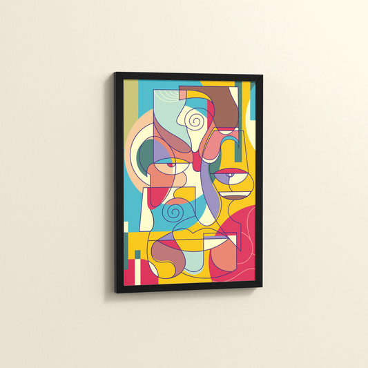 Side View of Prism Persona Colorful Cubist Face Pop Art Painting in Black Color Frame