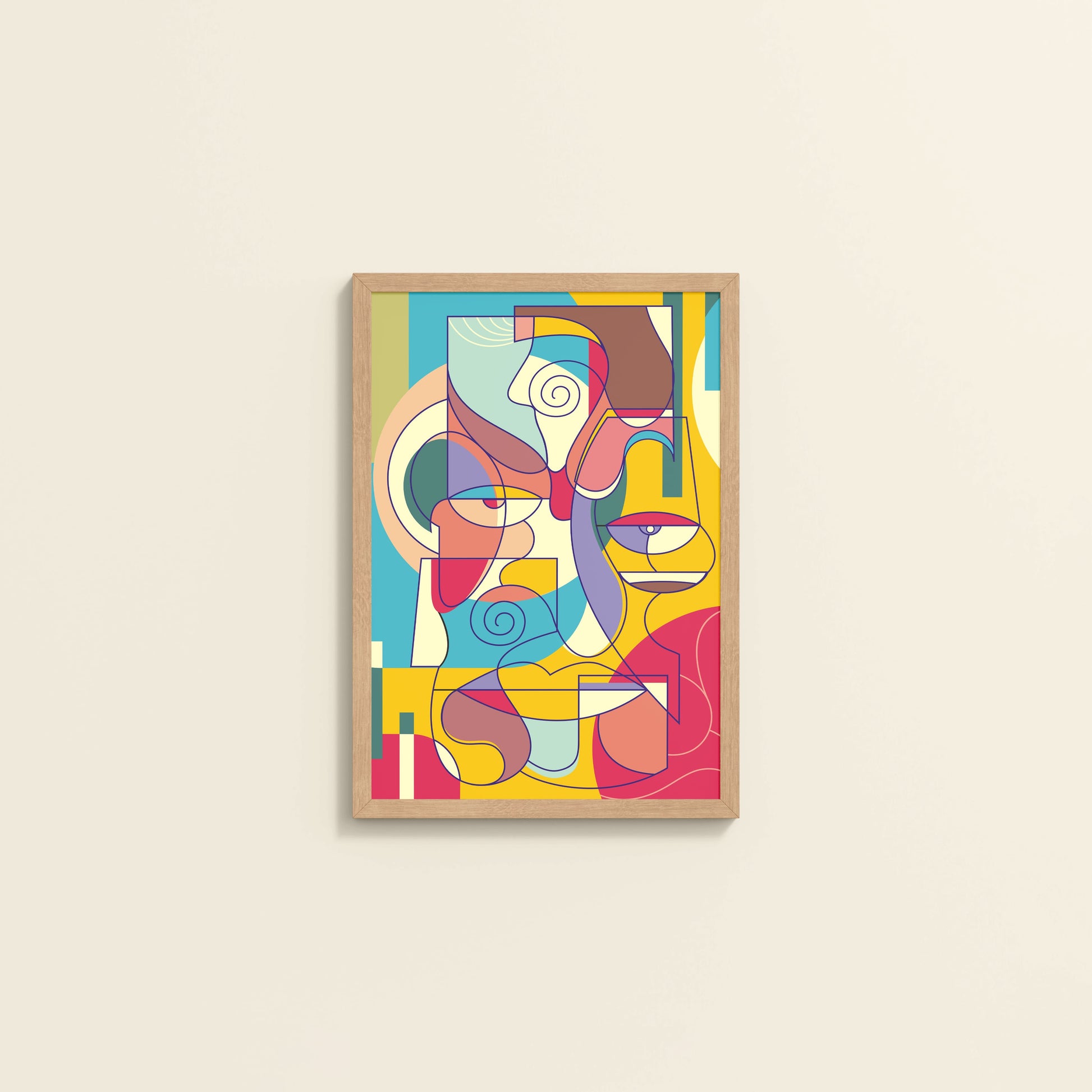 Wall View of Prism Persona Colorful Cubist Face Pop Art Painting in Natrual Color Frame