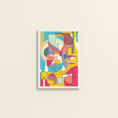 Wall View of Prism Persona Colorful Cubist Face Pop Art Painting in White Color Frame