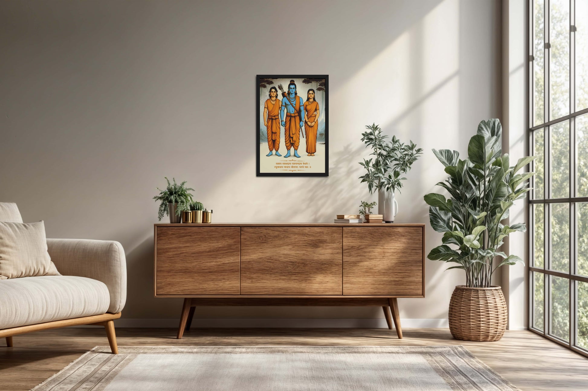 Living Room Cabinet Preview of Divine Trio – Lord Rama, Lakshman, Janaki Wall Art & Painting in Black Color Frame
