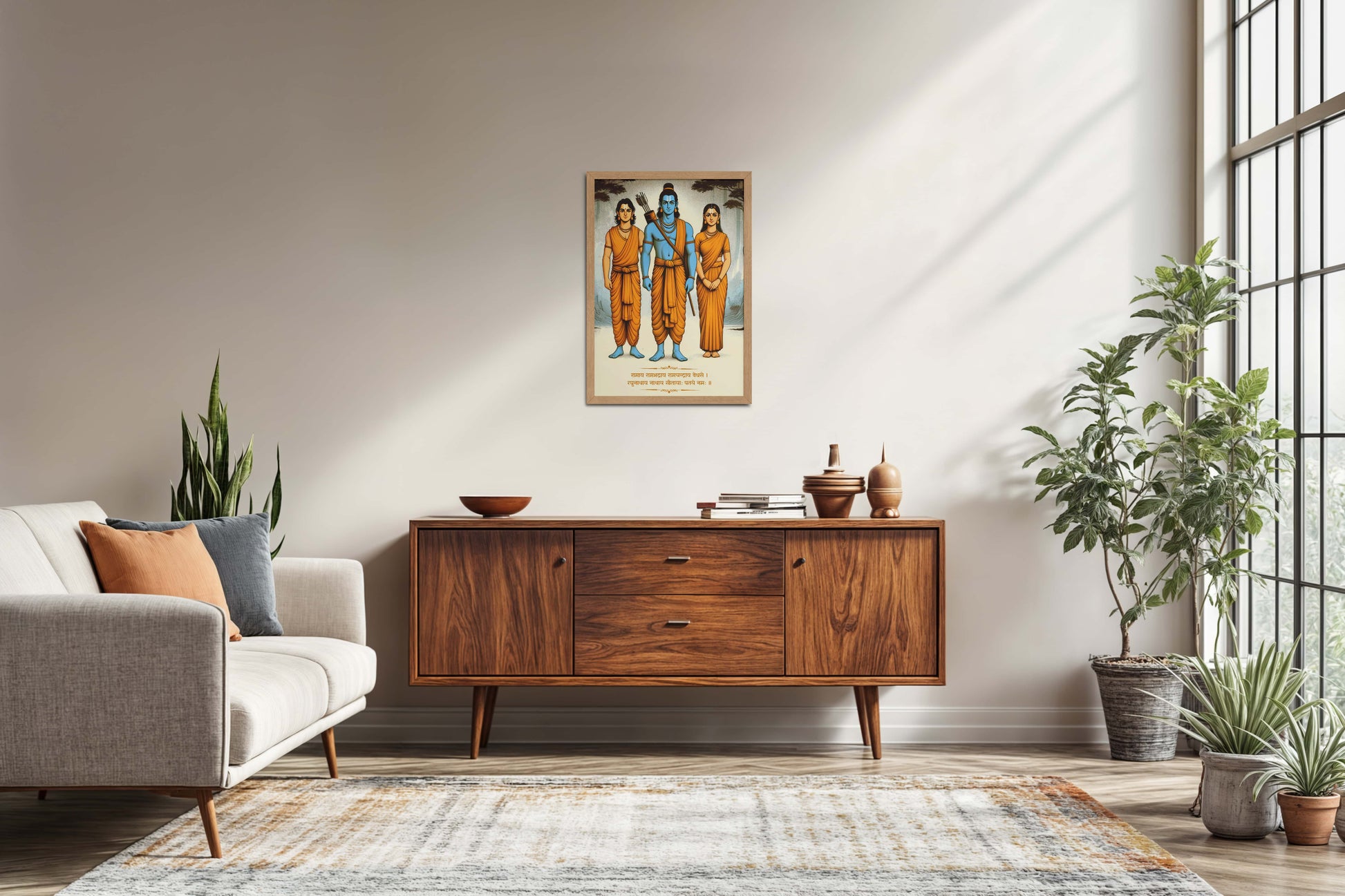Living Room Sofa Preview of Divine Trio – Lord Rama, Lakshman, Janaki Wall Art & Painting in Natrual Color Frame