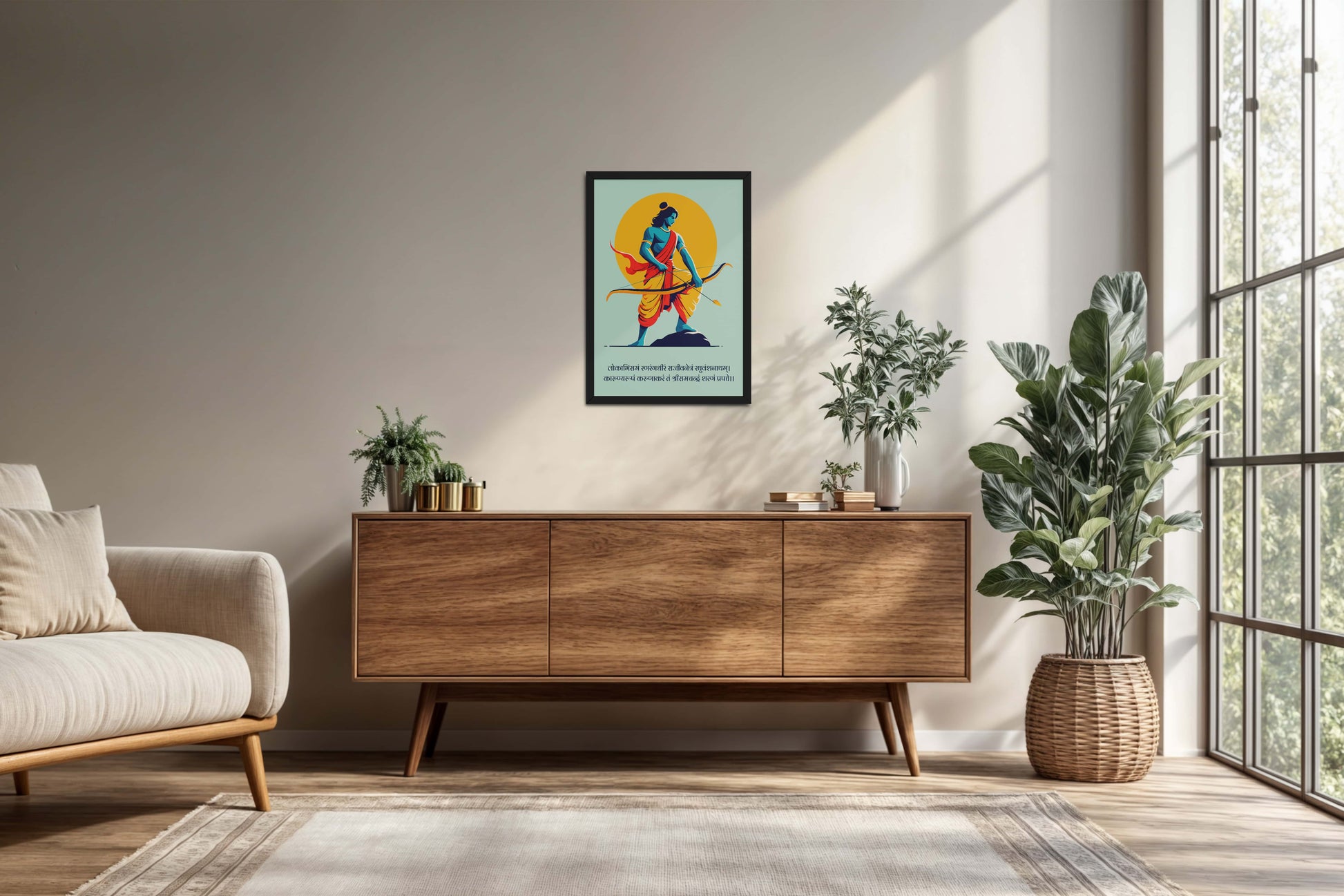 Living Room Cabinet Preview of Ram the Warrior – Dhanushya Frame Artwork in Black Color Frame