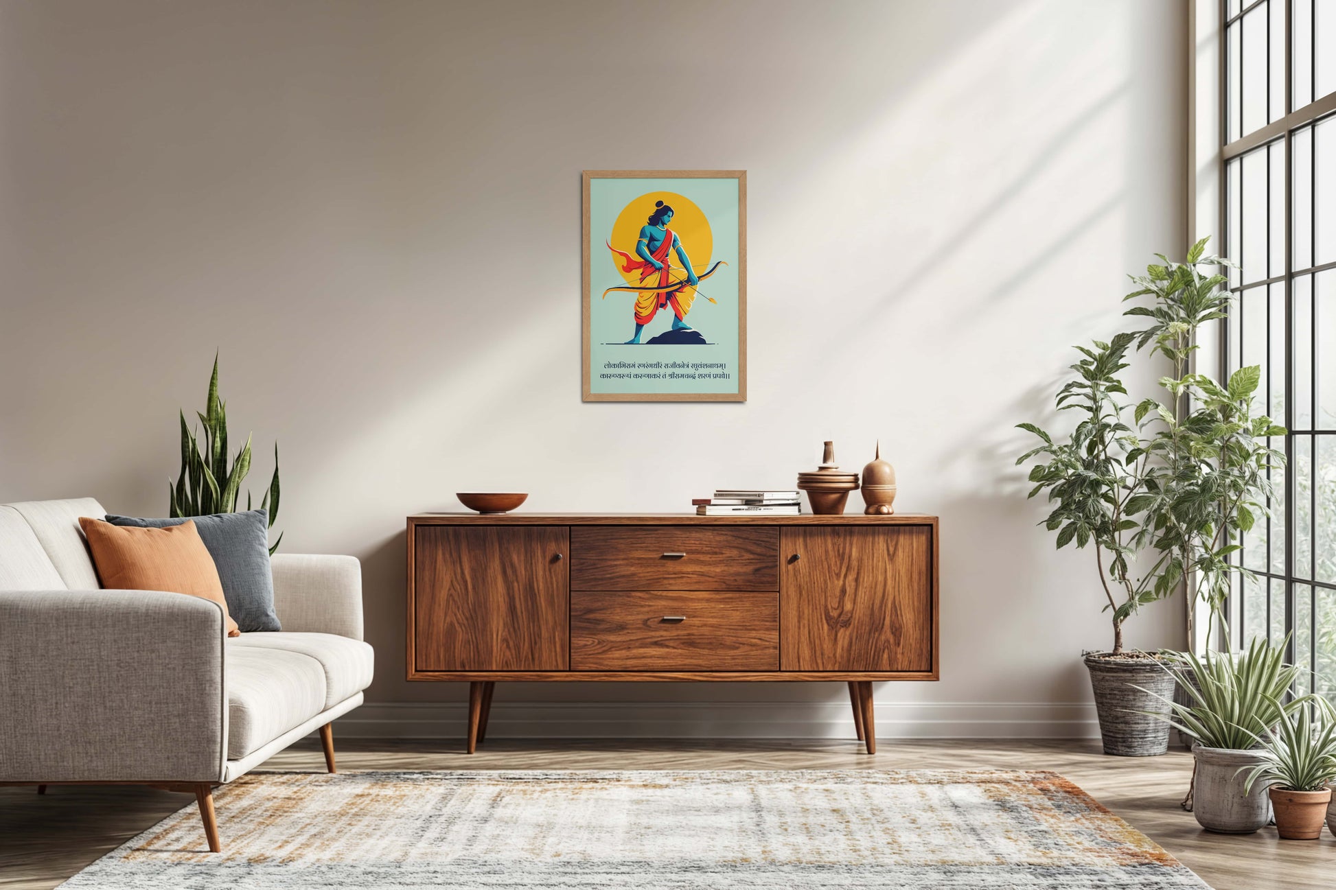 Living Room Sofa Preview of Ram the Warrior – Dhanushya Frame Artwork in Natrual Color Frame